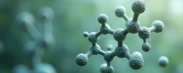 Illustration photo-réaliste d'une molécule de néo-cannabinoïde THV flottant dans un espace propre et minimaliste, avec un éclairage cinématographique et textures fines