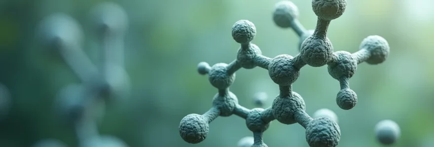 Illustration photo-réaliste d'une molécule de néo-cannabinoïde THV flottant dans un espace propre et minimaliste, avec un éclairage cinématographique et textures fines