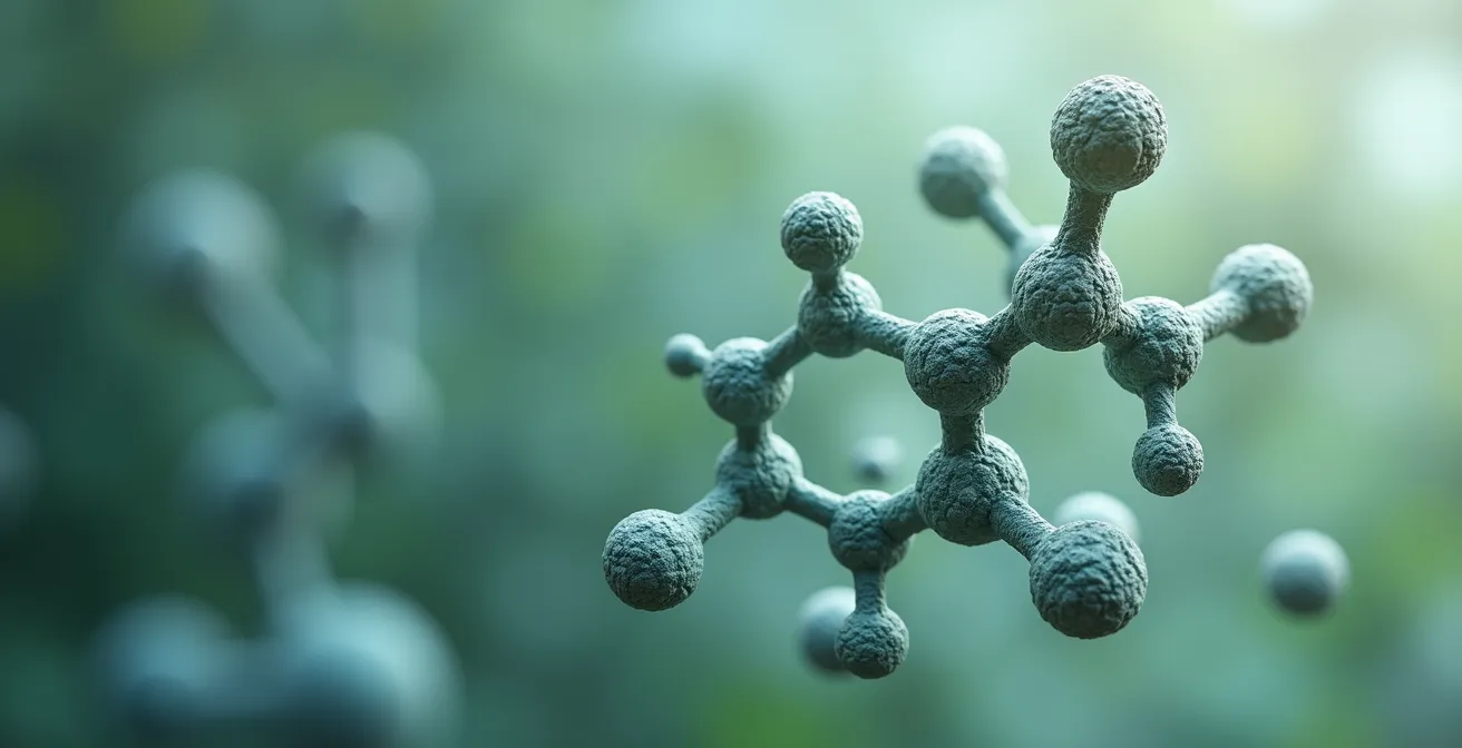 Illustration photo-réaliste d'une molécule de néo-cannabinoïde THV flottant dans un espace propre et minimaliste, avec un éclairage cinématographique et textures fines