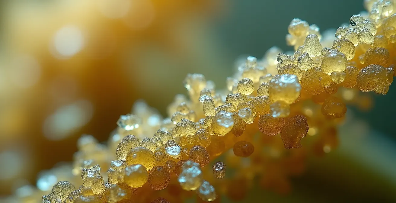Macro photo-réaliste d’une surface cristalline fine évoquant la pureté d’un cannabinoïde synthétique, avec textures détaillées et lumière subtile