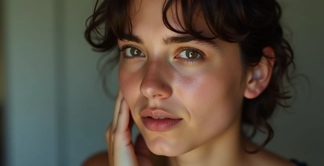 Portrait photo-réaliste d’une personne exprimant la concentration et l’euphorie causées par le THV, prise en gros plan avec profondeur de champ réduite