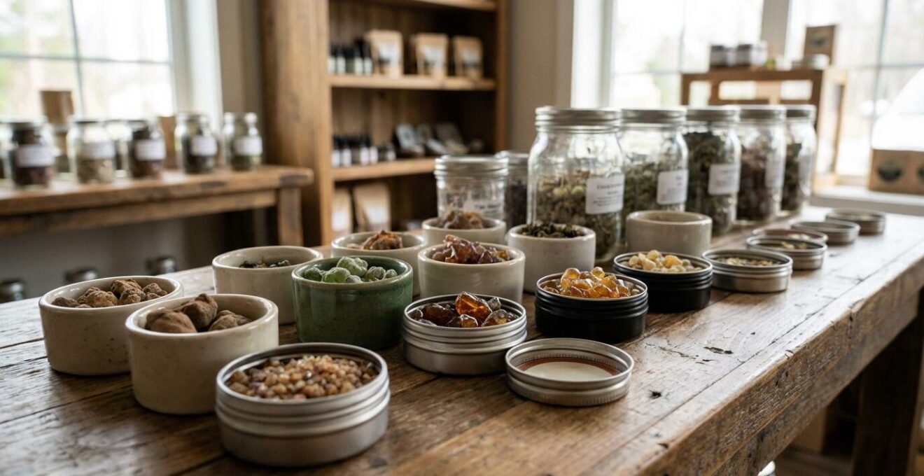 Assortiment de résines CBD aux textures variées présentées sur comptoir de boutique spécialisée