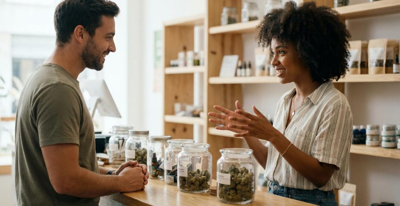 Conseillère CBD expliquant les produits à un client au comptoir d'une boutique spécialisée