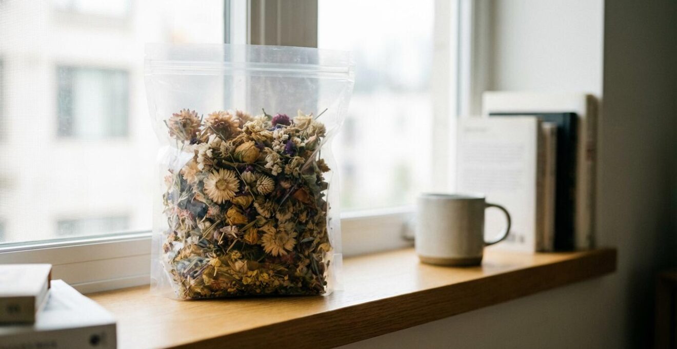 Fleurs de CBD dans un sachet transparent exposées à la lumière naturelle