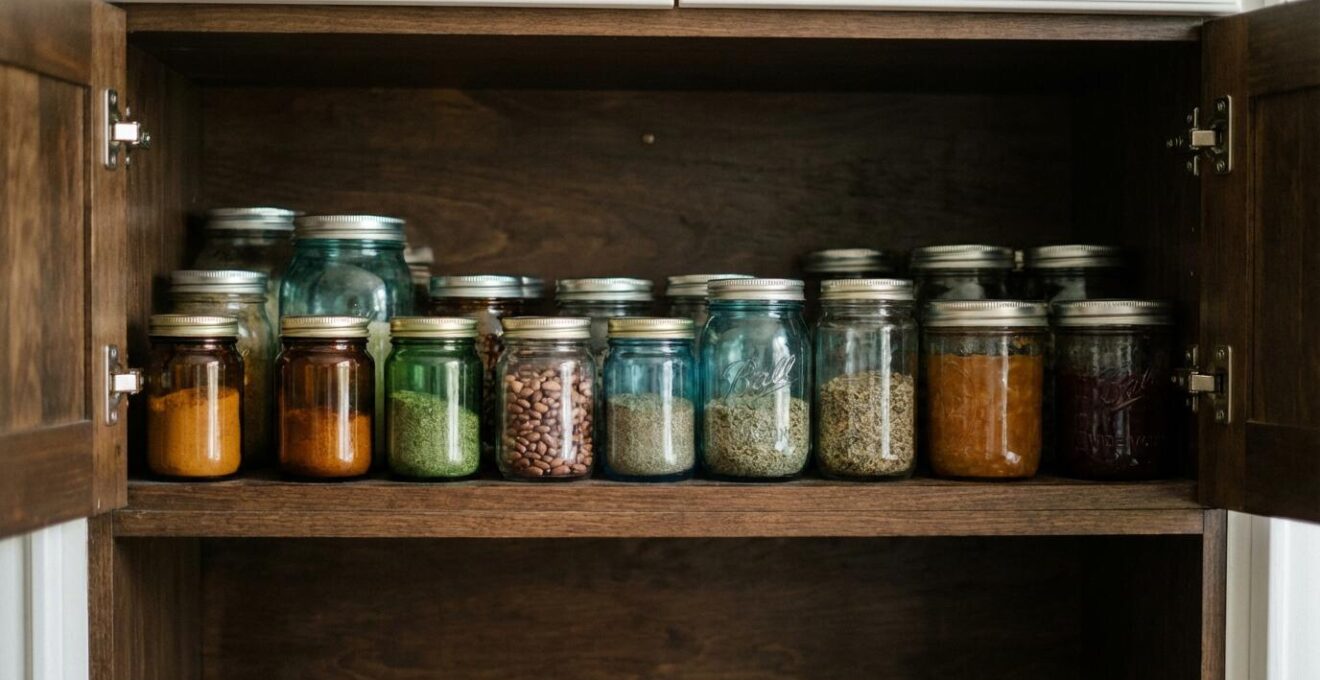 Intérieur de placard sombre avec bocaux en verre teinté rangés sur étagère