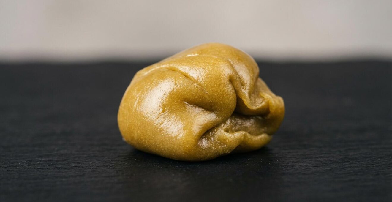 Morceau de résine CBD malléable dorée posé sur surface ardoise montrant texture souple