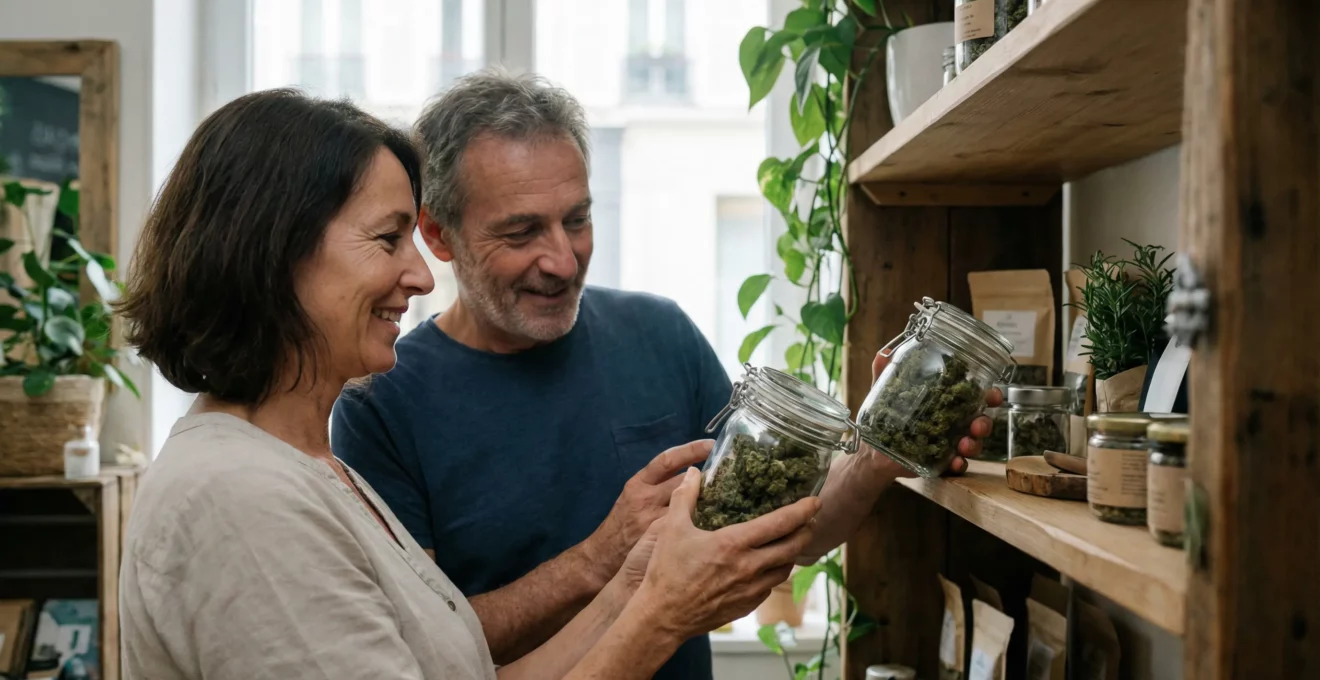 Deux adultes comparant des bocaux de fleurs de CBD dans une boutique bien-être