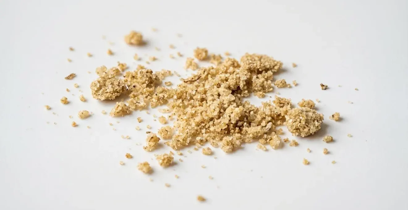 Gros plan extrême sur une texture de dry sift sableuse dorée avec grains visibles, posée sur une surface blanche épurée