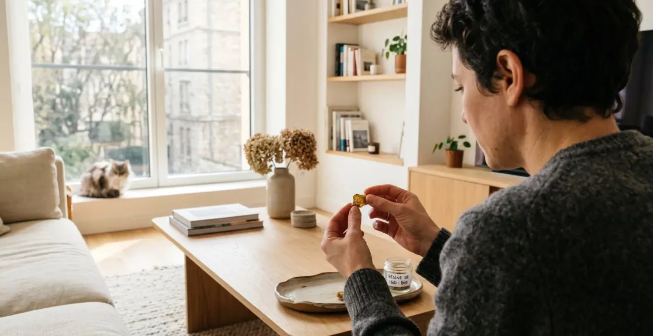 Un homme vu de dos manipule entre ses doigts un morceau de résine CBD dorée dans un salon contemporain baigné de lumière naturelle