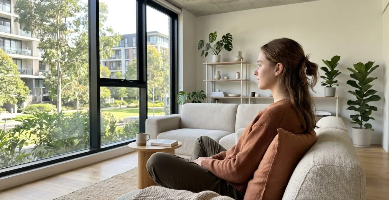 Vue de profil d'une personne assise dans un canapé contemporain près d'une fenêtre, ambiance relaxante avec lumière naturelle douce, intérieur épuré et moderne