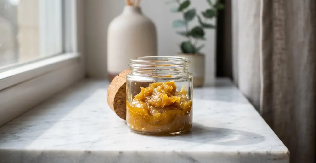 Résine CBD de texture collante type wax dorée dans un petit pot en verre transparent sur surface blanche, éclairée par la lumière naturelle