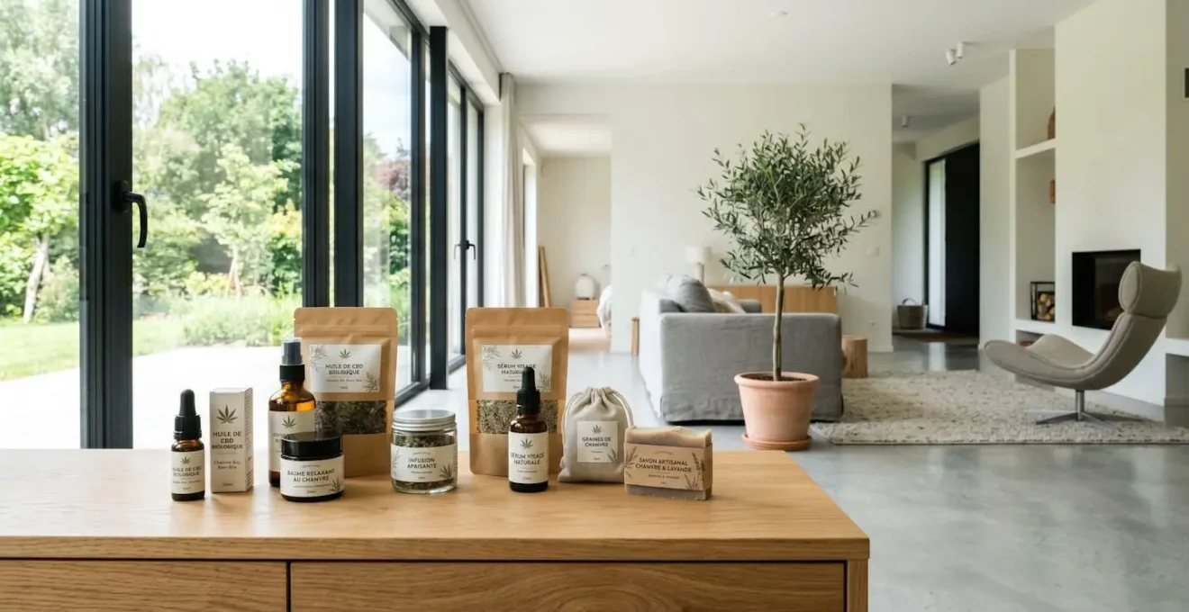 Une table en bois clair dans un intérieur contemporain avec des produits naturels à base de chanvre disposés de manière épurée et des rayons de lumière naturelle traversant la pièce