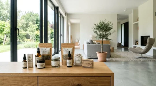 Une table en bois clair dans un intérieur contemporain avec des produits naturels à base de chanvre disposés de manière épurée et des rayons de lumière naturelle traversant la pièce