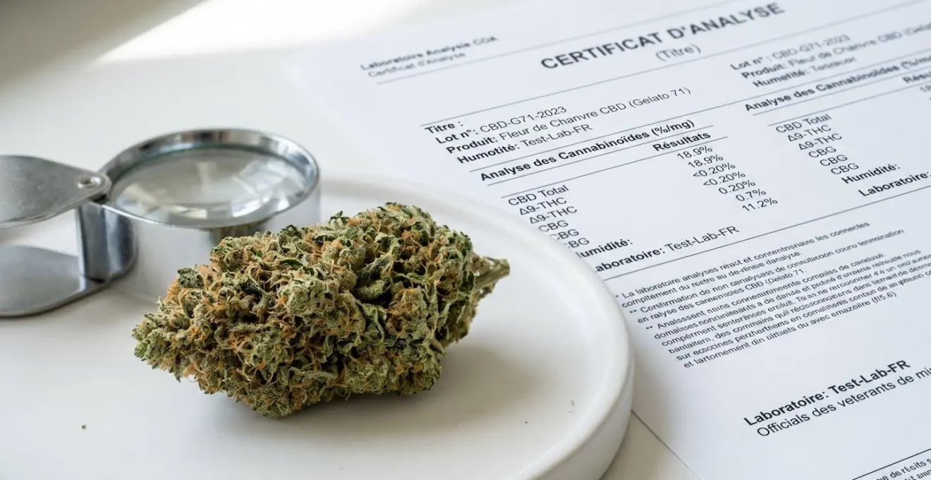 Fleur de CBD premium avec certificat d'analyse laboratoire et loupe pour contrôle qualité sur surface blanche épurée