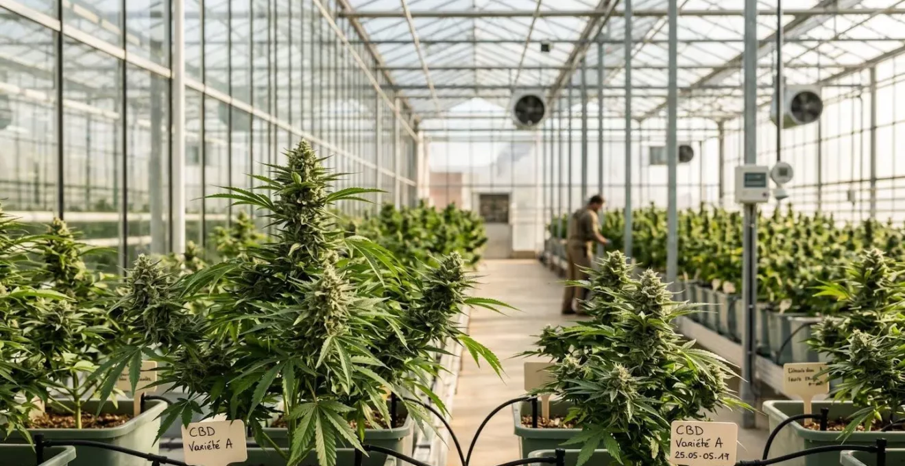 Serre moderne de culture de chanvre CBD avec plants en floraison sous lumière naturelle et équipements de contrôle climatique