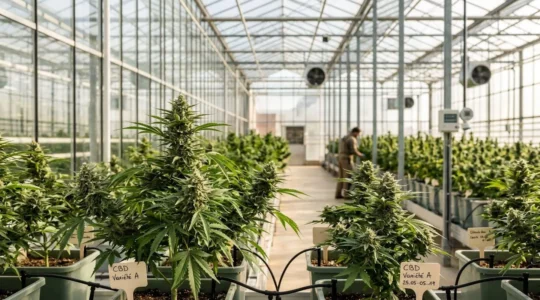 Serre moderne de culture de chanvre CBD avec plants en floraison sous lumière naturelle et équipements de contrôle climatique