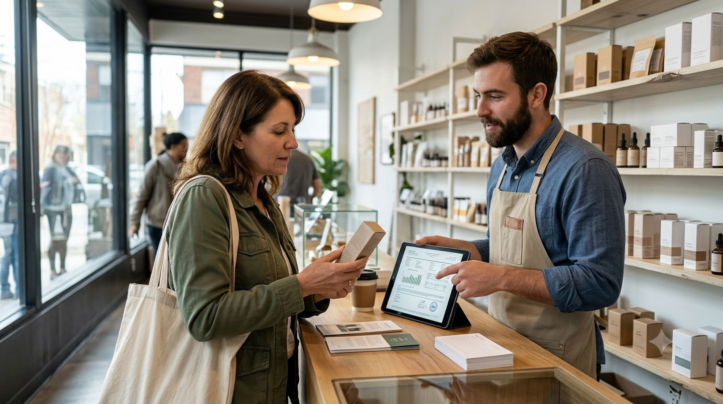 Personne consultant sur ordinateur portable une boutique CBD en ligne affichant une note Trustpilot de 4,8/5 étoiles et des certificats laboratoire, bureau domestique lumineux avec plante en arrière-plan